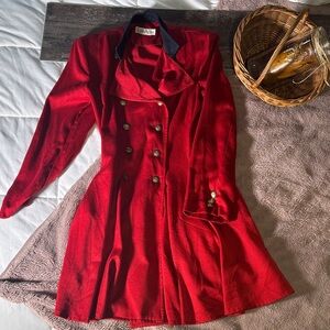 Red Double-Breasted Trench Coat with Black Contrast Collar